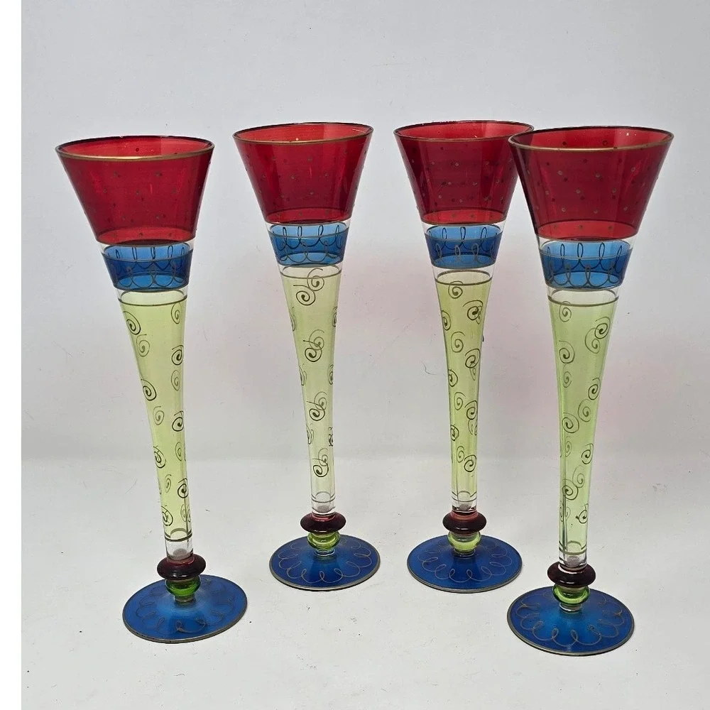 Pier 1 hand painted and blown Champagne flutes Multi Color hollow stem set of‎ 4